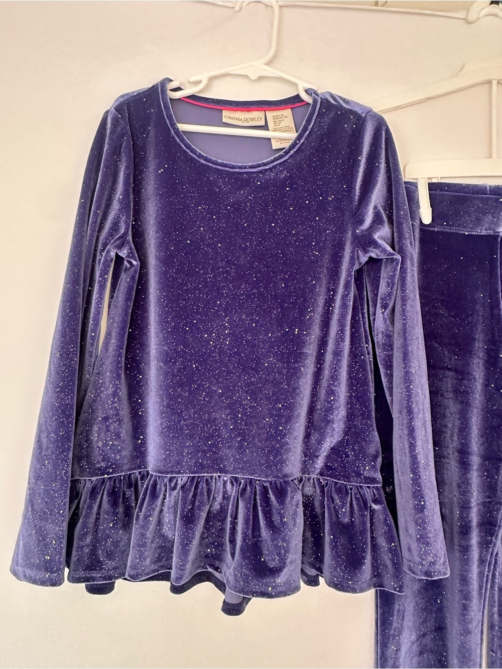 Cynthia Rowley Girls Purple Velvet Glitter Peplum Top and Leggings Set
